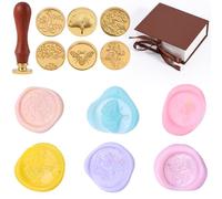 Wax Seal Stamp Set, 6pcs Sealing Wax Stamp Heads with a Wooden Handle Various Patterns Sealing Envelope Stamp Kit Gift for DIY Letter Encapsulation Greeting Cards Presents Decoration (Gold)