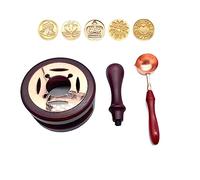 Wax Seal Stamp Set, Vintage Sealing Stamp Retro Wax Seal Warmer Kit Wax Beads Stamp Melting Stove Wooden 5PCS Sealing Wax Stamps Brass Seals Wooden Handle Copper Spoon for Card Envelope Wine Package