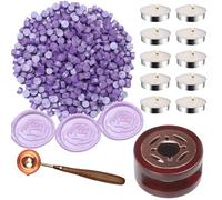 Wax Sealing Beads, Atopbb 300pcs Lilac Wax Seal Beads, 1pcs Wooden WaxSeal Warmer, 1pcs Melted Spoon and 10pcs Tea Candles for WaxSealing Stamp Kit (Lilac)