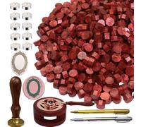 Wax Sealing Beads, Atopbb 300pcs New Burgundy WaxSeal Beads, 1pcs Wooden Wax Seal Warmer, 1pcs Melted Spoon and 10pcs Tea Candles for WaxSealing Stamp Kit (New Burgundy)
