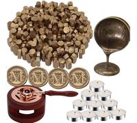Wax Sealing Beads Kit, Atopbb 300pcs Bronze Wax Seal Beads, 1pcs Wooden WaxSeal Warmer, 1pcs Melted Spoon and 10pcs Tea Candles for WaxSealing Stamp Kit (Bronze)