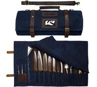 Waxed Canvas Chef Knife Roll - 15 Knife Slots, Card Holder and Zippered Pocket - Genuine Leather and Brass Buckles - Knives Not Included (Blue)