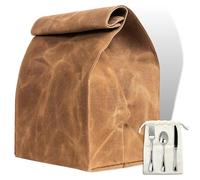 Waxed Canvas Lunch Bag - Reusable Waterproof Lunch Sack for Office Work School Snacks - Brown Paper Bag Styled Large Lunch Bags for Women, Men, Kids - Made of 16 Oz Double Stitched Waxed Canvas