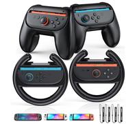 WAXITY 2 PCS Hand Grips for Joycon2 and 2 PCS Steering Wheel Hand Holders for Nintendo Switch2 Controller, Ergonomic Handheld Grips and Racing Wheels Handle Game Accessories Bundle Kit Set-Black