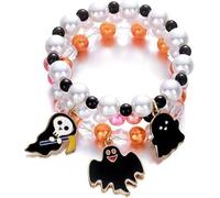 Waxkure Pink Halloween Bracelet Set for Women 3 Pack - Cute Ghost Pumpkin Beaded Stretch Bracelets Stack - Pinkoween Spooky Season Party Favors Jewelry Gift for Girls Teens, 7.5 inches, Acrylic, Amber