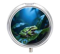 Waxy Monkey Tree Frog Metal Pill Organizer, 3 Compartment Waterproof Pill Case with Mirror for Purse Pocket Bag, Daily Medicine Vitamin Holder, Portable Travel Med Container(Round)