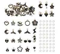 WAY DENG Elegant Black Enamel Alloy Charms Set - 40 Pcs Vintage Designs with 40+ Open Jump Rings, Complete DIY Jewelry Supplies for Bracelets, Necklaces & Earrings, Great for Craft Lovers