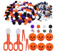 Waybas 260pcs Halloween Fine Motor Sensory Bin Filler Set, Sensory Bin Tools 200 Pom Pom 50 Resin Figurines 6 Pumpkin Sorting Cup with Shovel Spoon for Counting Training Development DIY Crafts Decor