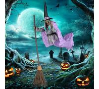 Waycin Flying Witch Halloween Decor, 6ft Animated Hovering Witch Animatronics, Blue Light, Scary Sounds, Outdoor Display, Halloween Celebrations