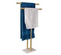 WAYDELI Standing Towel Rack Double-T Shape Tall Bath Towel Sheet Holder with Marble Design Base for Bathroom 2 Tier Towel Holder Stand Stainless Steel (Brushed Gold)