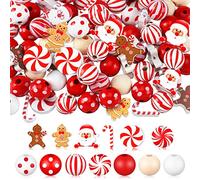 Waydress 200 Pcs Christmas Beads for Crafts Christmas Wooden Beads Bulk for Jewelry Making Red and White Beads Xmas Santa Gingerbread Candy Beads for Christmas Tree Garland DIY Holiday Hanging Decor