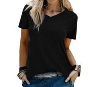 Wayleb Ladies T Shirts V-Neck Short Sleeve Slim Fit Soft Cotton Shirts Curved Hem Classic Style Top for Casual Going Out Wear UK Black S-3XL