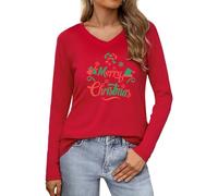 Wayleb Ladies Xmas Tops Womens V Neck Long Sleeve Classic Christmas T Shirts Soft Holiday Tee Shirts with Merry Christmas Letter Print Red M