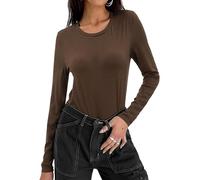 Wayleb Longsleeve Tops Women Basic Cotton Crewneck Lightweight Casual Fashion Tee Shirts for Smart Layered Street Outfits Brown S-XXL
