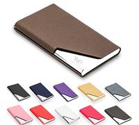 Waylipun Business Card Holder, Professional PU Leather & Stainless Steel Business Name Card Case, Keep Business Cards in Immaculate Condition, Slim Metal Pocket Card Holder with Magnetic Shut(Brown)