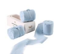 Waylipun Handmade Fringe Chiffon Ribbons, 3 Rolls 2" x 7Yd Total 21Yd Frayed Edge Fringe Smooth Ribbon for Wedding Invitations, Bridal Bouquets, Gifts Wrapping, DIY Crafts Decoration - Light Blue