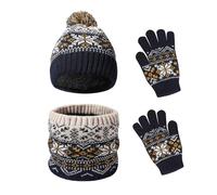 Waylipun Kids Winter Hat Scarf Gloves, 3 in 1 Thermal Knit Hat Scarf Gloves with Double Layer Fleece Lining, Snow Pattern Cold Weather Set for Kids Boys Girls 2-7 Years (Navy Blue)