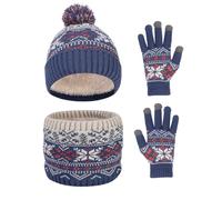 Waylipun Kids Winter Hat Scarf Gloves Set, 3 in 1 Thermal Knit Hat Scarf Gloves Set with Double Layer Fleece Lining, Snow Pattern Cold Weather Set for Kids Boys Girls 2-7 Years (Klein Blue)