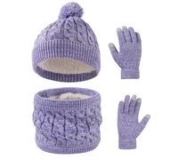 Waylipun Kids Winter Warm Beanie Hat Scarf Gloves Set, 3 in 1 Thermal Knitted Pom Pom Snood Scarf Gloves Set with Double Layer Fleece Lining for Kids Boys Girls 3-10 Year Old (Purple Mix)