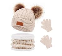 Waylipun Kids Winter Warm Beanie Hat Scarf Gloves Set, 3 in 1 Thicken Fleece Thermal Girls Skull Cap Scarf Mittens Set Super Soft Cap Neck Warm Gloves for 1~5 Years Old Toddler Girls Boys (Beige)