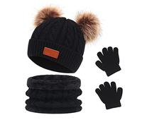 Waylipun Kids Winter Warm Beanie Hat Scarf Gloves Set, 3 in 1 Thicken Fleece Thermal Girls Skull Cap Scarf Mittens Set Super Soft Cap Neck Warm Gloves for 1~5 Years Old Toddler Girls Boys (Black)