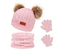 Waylipun Kids Winter Warm Beanie Hat Scarf Gloves Set, 3 in 1 Thicken Fleece Thermal Girls Skull Cap Scarf Mittens Set Super Soft Cap Neck Warm Gloves for 1~5 Years Old Toddler Girls Boys (Pink)