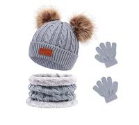 Waylipun Kids Winter Warm Beanie Hat Scarf Gloves Set, 3 in 1 Thicken Fleece Thermal Girls Skull Cap Scarf Mittens Set Super Soft Cap Neck Warm Gloves for 1~5 Years Old Toddler Girls Boys (Grey)