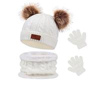 Waylipun Kids Winter Warm Beanie Hat Scarf Gloves Set, 3 in 1 Thicken Fleece Thermal Girls Skull Cap Scarf Mittens Set Super Soft Cap Neck Warm Gloves for 1~5 Years Old Toddler Girls Boys (White)
