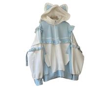 Wayolyn Tenshi Kawaii Hoodies Jirai Kei Fashion Cute Cat Ears Clothes Oversized Zip Up Hoodie Gothic Top, White, Medium