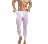 Wayonge Men's Compression Leggings Pants Elastic Mesh Transparent Sheer Tight Seven-Point Pant Sports Sweatpants, White, Large