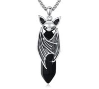 Waysles Bat Skull Necklace 925 Sterling Silver Viking Bat Skull Necklace Black Healing Crystal Necklace Vintage Gothic Bat Jewellery Gifts for Men Women 20+2 Inch Chain