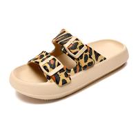 Waysoland Cloud Sliders Women Men Sandals with Adjustable Buckles,Shower Bathroom Non-Slip Quick Drying Open Toe Super Soft Comfy Thick Sole slippers Indoor Outdoor(Leopard,8/9 UK)