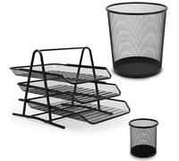 Waytex 3-Piece Metal Mesh Desk Accessories Set, Waste Paper Bin, Sorter 3 Sliding Bins, Pencil Pot