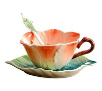 WAYUTO 3D Ceramic Coffee Mug and Saucer Set with Spoon Flower Leaf Coffee Mug Tea Cup with Decorative Handle Vintage Floral Drinking Cups Unique Gifts for Birthday Wedding Christmas 6oz Pink