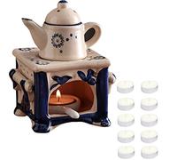 WAYUTO Ceramic Essential Oil Burner Diffuser with Spoon 10 Candles Teapot Tealight Holder Aromatherapy Oil Warmer Wax Melt Burner for Valentine Bedroom Balcony Yoga Meditation Spa Decor 6 Inch Blue