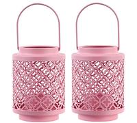 WAYUTO Metal Candle Holder Set of 2 Rustic Candle Holder Lantern Iron Candlestick Holder Hanging Lantern Retro Iron Hollow Lantern Indoor Outdoor for Desk Patio Garden Pathway Yard 7.2 Inch, Pink