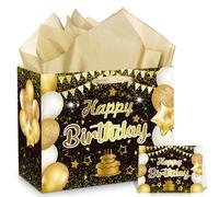 Wayyogh Black Gold Birthday Gift Bag, Large Happy Birthday Gift Wrap Bag with Greeting Card and Gold Tissue Paper for Men Women Anniversary Party Favors Kids Adults Goodie Wrapping Paper Bag Supplies