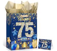 Wayyogh Blue 75th Birthday Gift Bag, Large Navy Blue and Gold Happy 75th Birthday Gift Wrap Bag with Card and 3pcs Tissue Paper