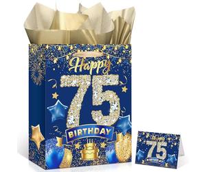 Wayyogh Blue 75th Birthday Gift Bag, Large Navy Blue and Gold Happy 75th Birthday Gift Wrap Bag with Card and 3pcs Tissue Paper