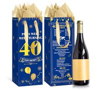 Wayyogh Blue Gold 40th Birthday Wine Gift Bag, Bottle Liquor Gift Bag with Handle and Tissue Wrapping Paper for 40 Years Old Birthday Party Decor Gifts Supplies Decor
