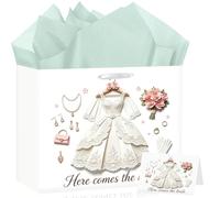 Wayyogh Here Comes the Bride Bridal Shower Gift Bag All In One Set with Tissue Paper Greeting Card Wedding Present Paper Bag for Bride to Be Engagement Bachelorette Party
