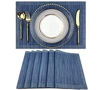 WAZAIGUR Mixed Texture Design Tight Vinyl Woven Easy to Clean Placemats Dining Table Mats (Navy Blue, 6)