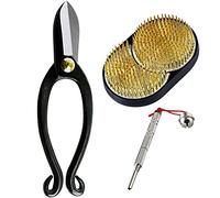 Wazakura 3PCS Japanese Ikebana Essential Tool Set MADE IN JAPAN, Floral Arrangement Kit [ Ikenobo Scissors + Sun and Moon Kenzan Flower Pin Holder + Kenzan Care Tool ]
