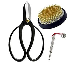 Wazakura 3PCS Japanese Ikebana Essential Tool Set Made in Japan, Floral Arrangement Kit [ Koryu Scissors + 61mm Round Brass Kenzan + Flower Pin Holder Care Tool ]