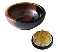 Wazakura Minoyaki Series Japanese Ikebana Essential Tool Kit - Small Round Ceramic Flower Vase and Kenzan Pin Frog for Floral Arranging (Black & Red Vase + 61mm Brass Kenzan)