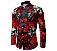 WAZHAKU Carnival Costume Men's Casual Shirt Skull Rose 3D Printed Long Sleeve Shirts Button Down Hawaiian Vintage with Stand-Up Collar Loose Beach Shirt Casual Shirt Hawaiian Shirt Pattern Long Sleeve