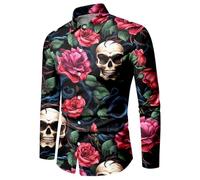 WAZHAKU Carnival Costume Men's Casual Shirt Skull Rose 3D Printed Long Sleeve Shirts Button Down Hawaiian Vintage with Stand-Up Collar Loose Beach Shirt Casual Shirt Hawaiian Shirt Pattern Long Sleeve