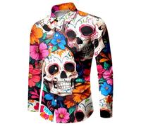 WAZHAKU Carnival Costume Men's Casual Shirt Skull Rose 3D Printed Long Sleeve Shirts Button Down Hawaiian Vintage with Stand-Up Collar Loose Beach Shirt Casual Shirt Hawaiian Shirt Pattern Long Sleeve