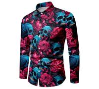 WAZHAKU Carnival Costume Men's Casual Shirt Skull Rose 3D Printed Long Sleeve Shirts Button Down Hawaiian Vintage with Stand-Up Collar Loose Beach Shirt Casual Shirt Hawaii Shirt Pattern Long Sleeve