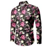 WAZHAKU Carnival Costume Men's Casual Shirt Skull Rose 3D Printed Long Sleeve Shirts Button Down Hawaiian Vintage with Stand-Up Collar Loose Beach Shirt Casual Shirt Hawaii Shirt Pattern Long Sleeve